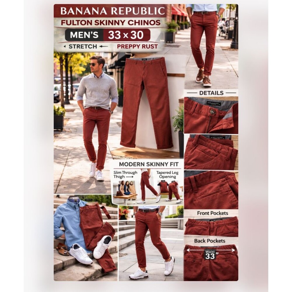 Banana Republic Fulton Skinny Chinos Pants Men's 33x30 Stretch Preppy Rust